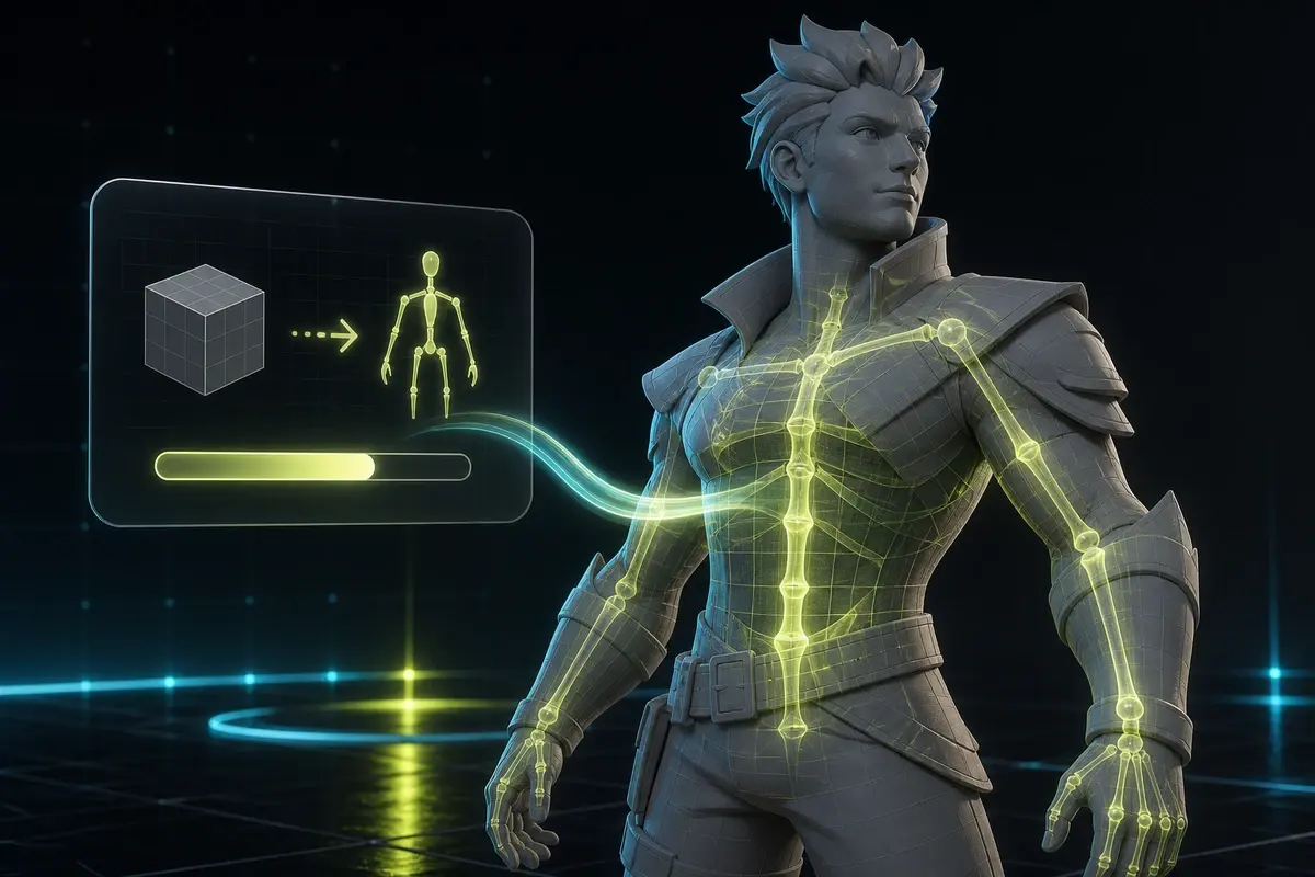 AI auto rigging generating a clean glowing skeleton inside a 3D character model in one click