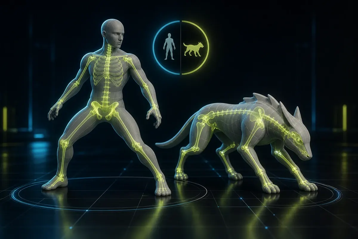 Humanoid and animal auto rigging showing biped and quadruped 3D models with generated skeletons