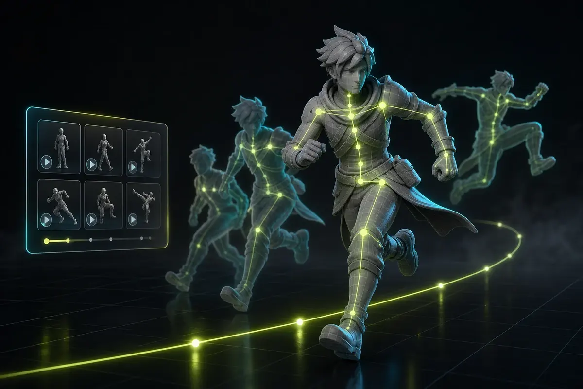 Rigged 3D character preview applying ready-made motion library animations with glowing skeleton controls