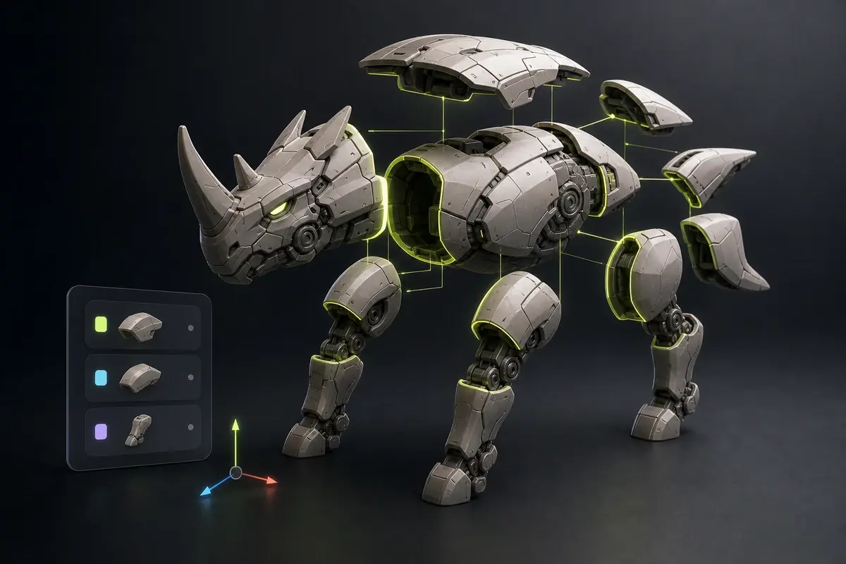 Segmented 3D model split into editable watertight parts with clean component boundaries