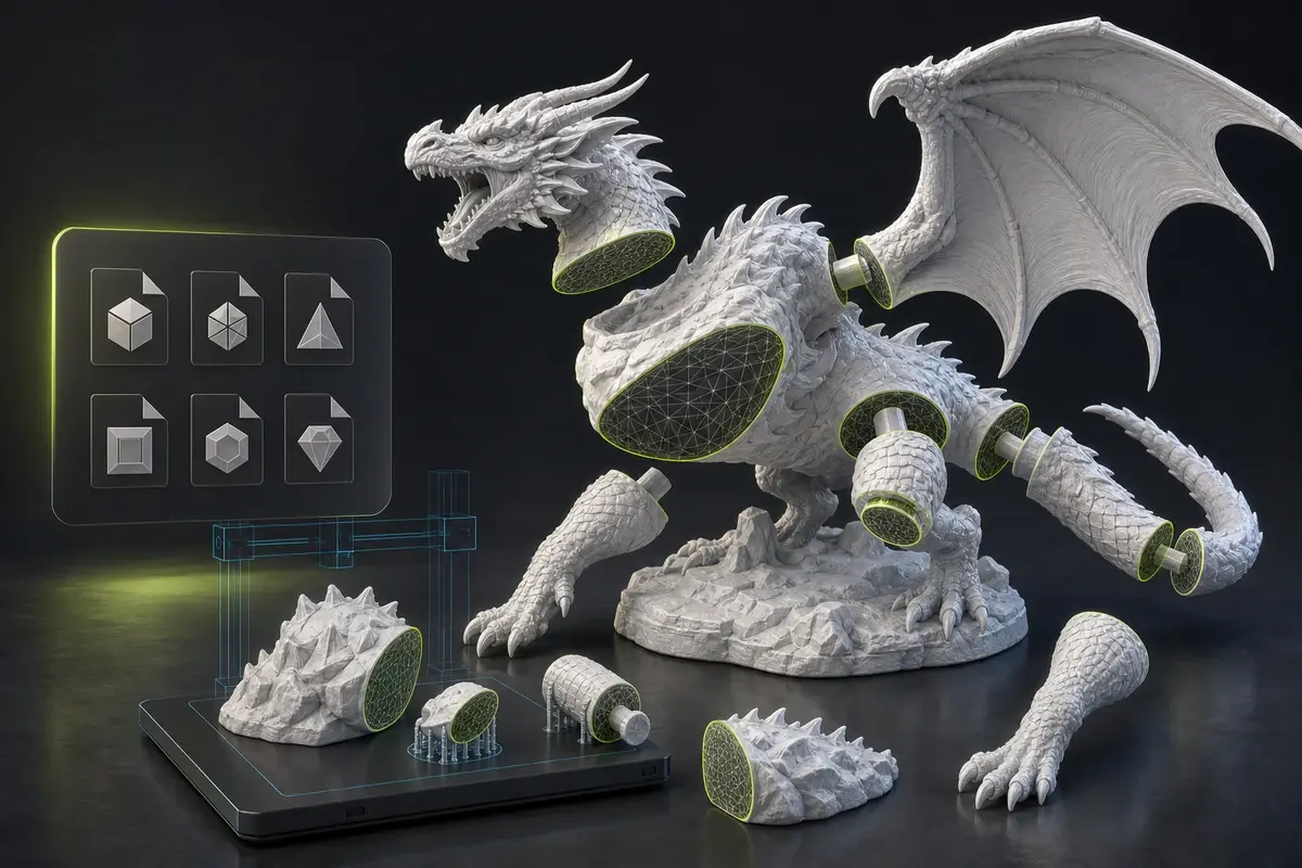 Mesh and STL segmentation showing a white model split into print-ready watertight parts