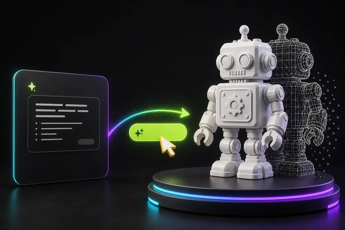 Text to STL generator turning an abstract prompt card into a white printable robot model