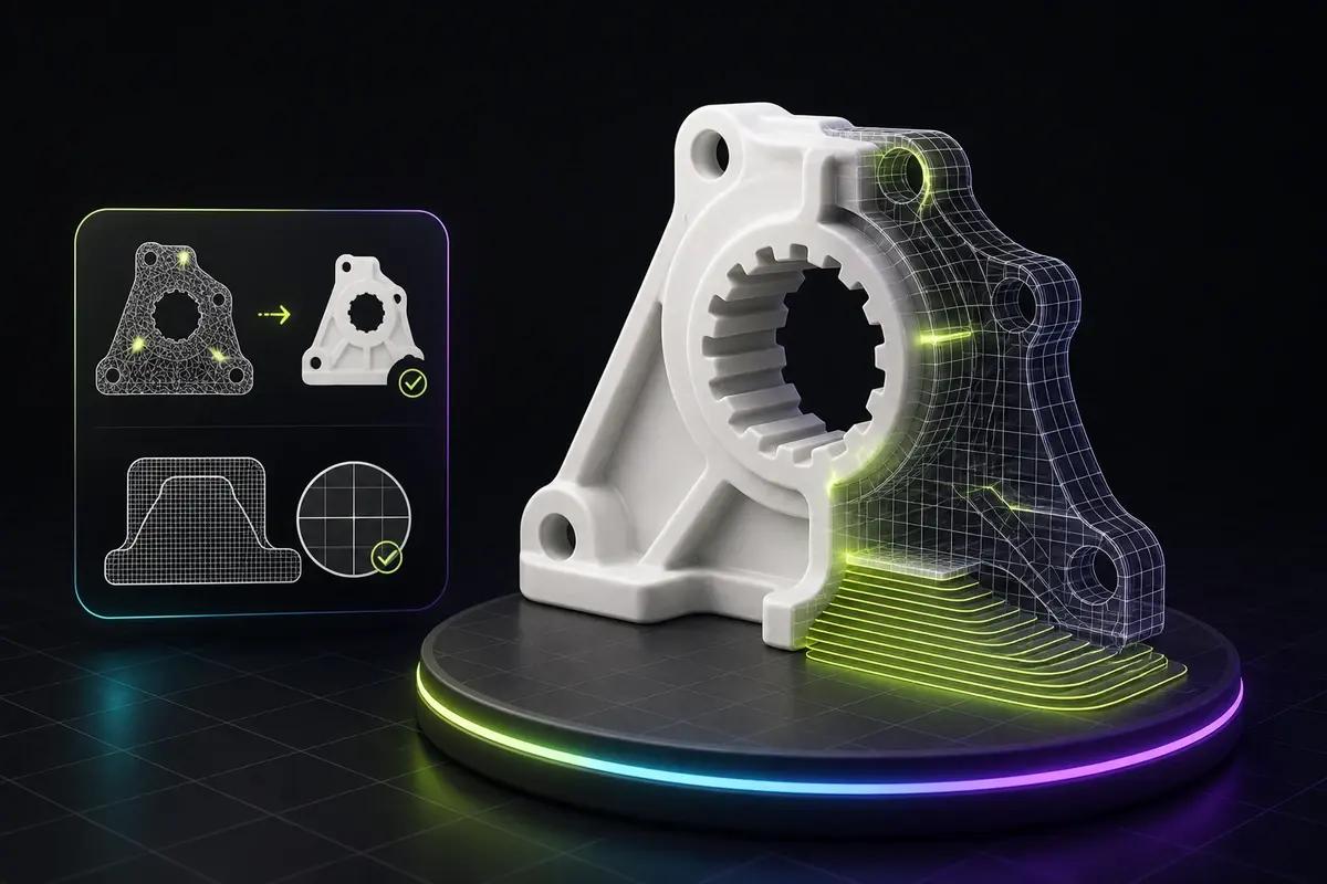Watertight STL mesh repair preview showing a clean print-ready mechanical bracket