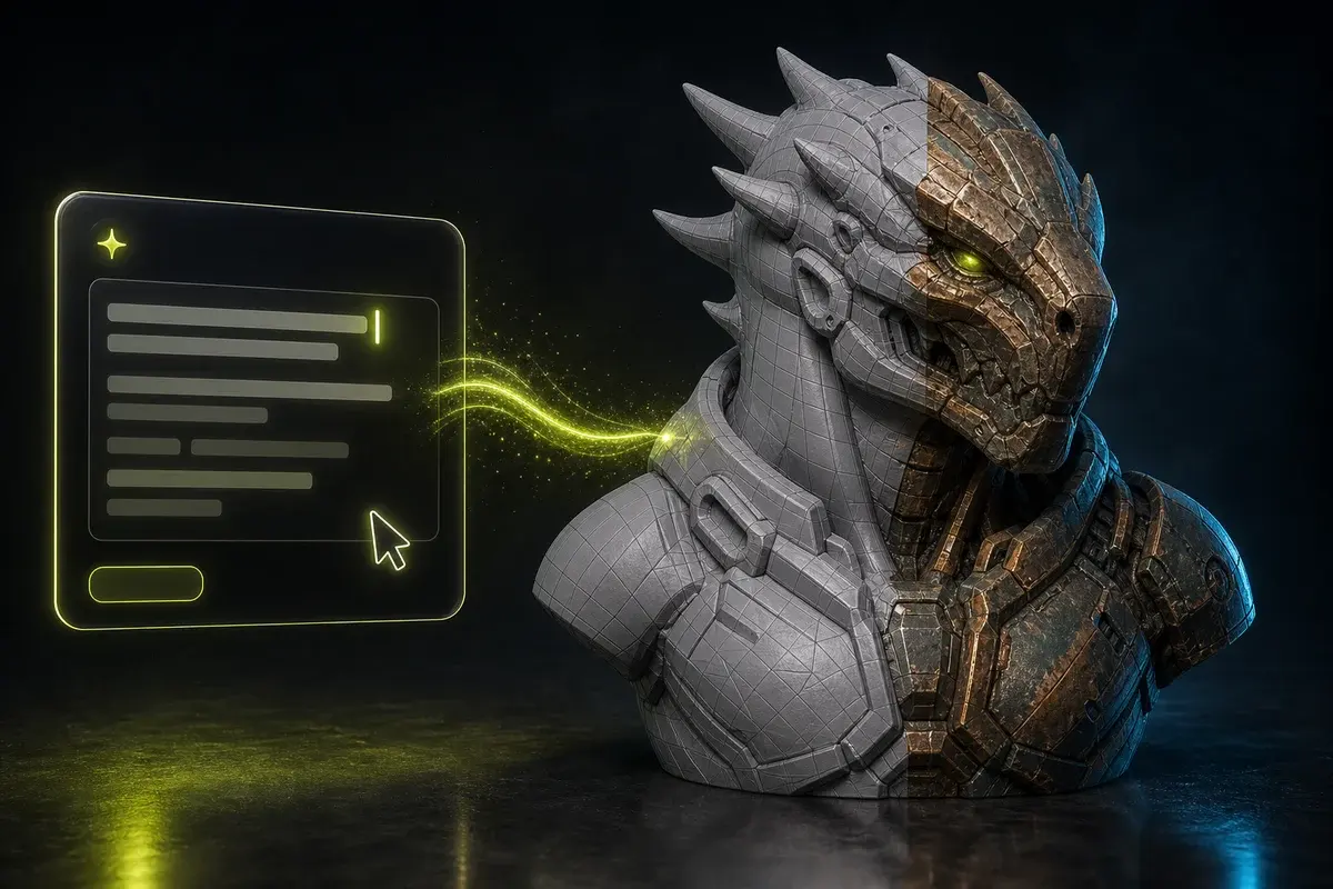 AI text-to-texture generator turning a written prompt into PBR materials applied onto a 3D model