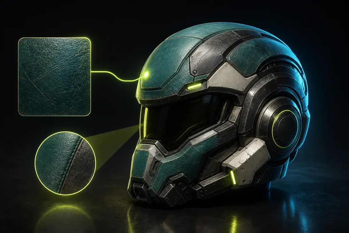Image-to-texture workflow matching a reference photo onto a 3D model with on-model PBR materials
