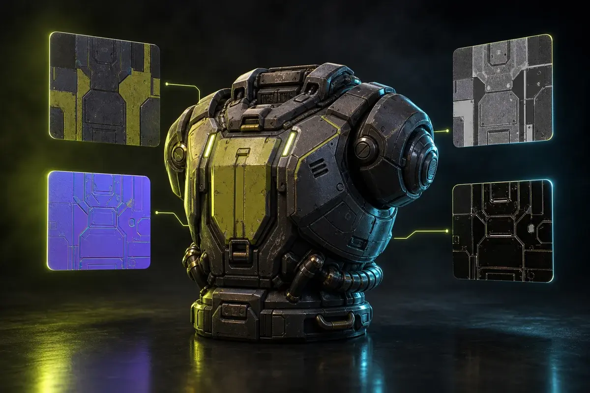 PBR texture set with base color, normal, roughness, and metallic maps on a game-ready 3D model